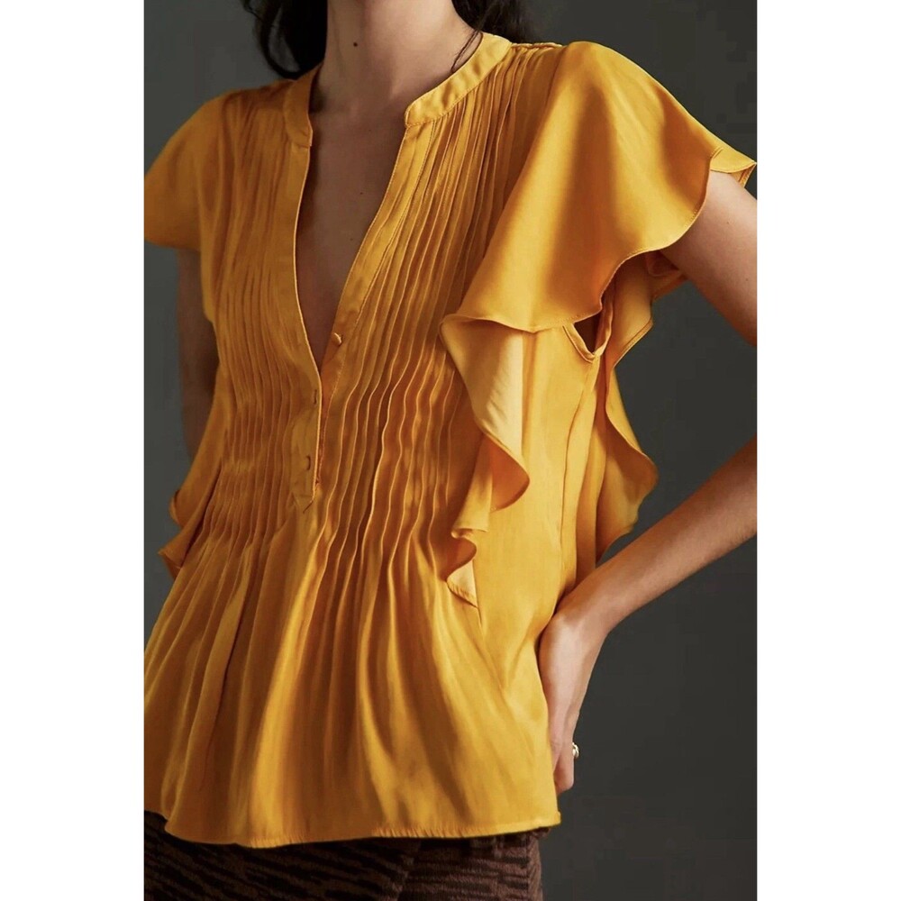 Anthropologie Mango Pintuck Ruffle Sleeve Boho Blouse Medium Mustard Yellow
